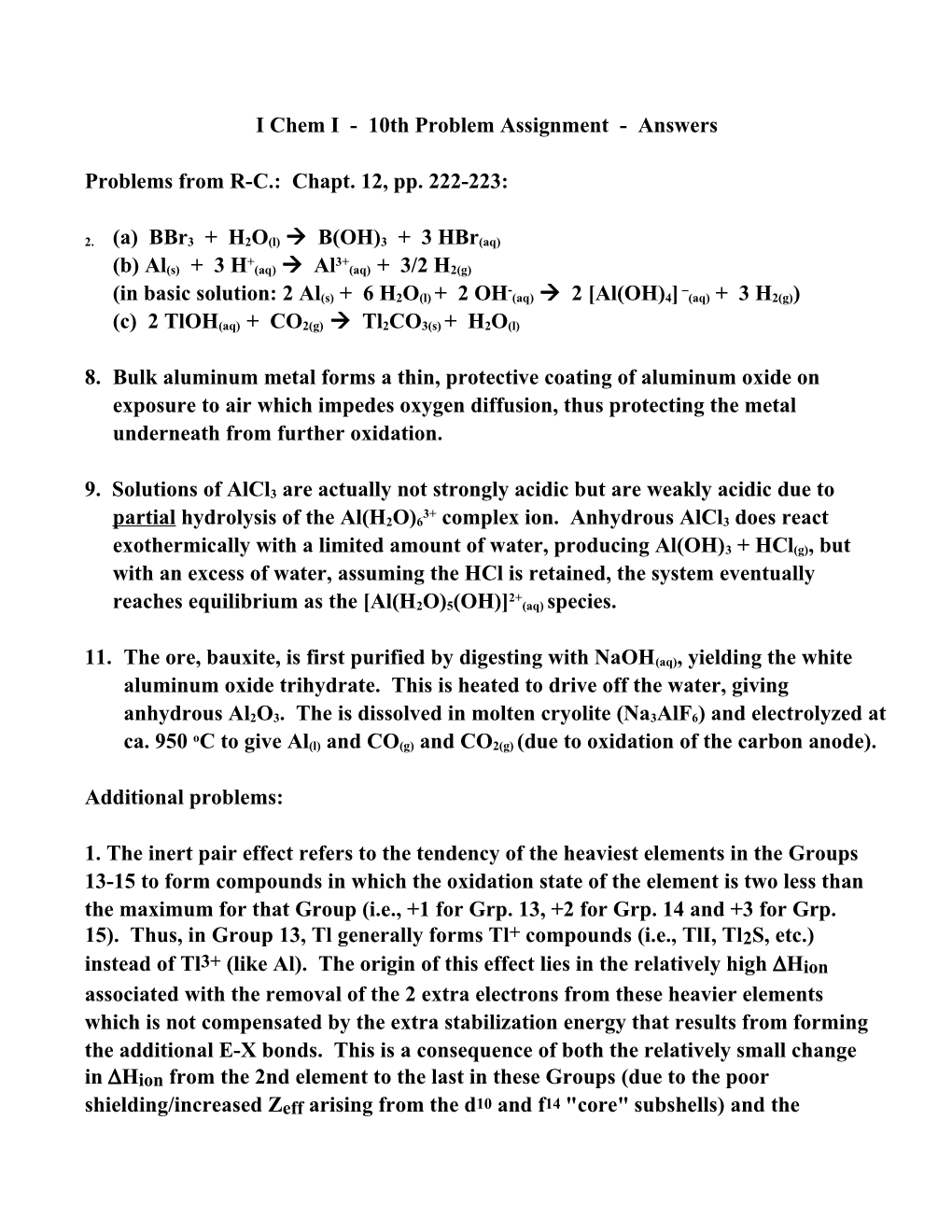 I Chem I - 5Th Problem Assignment - Due April 10, 1998
