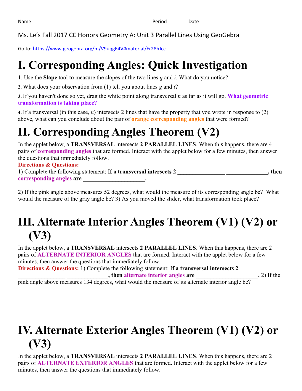 I. Corresponding Angles: Quick Investigation