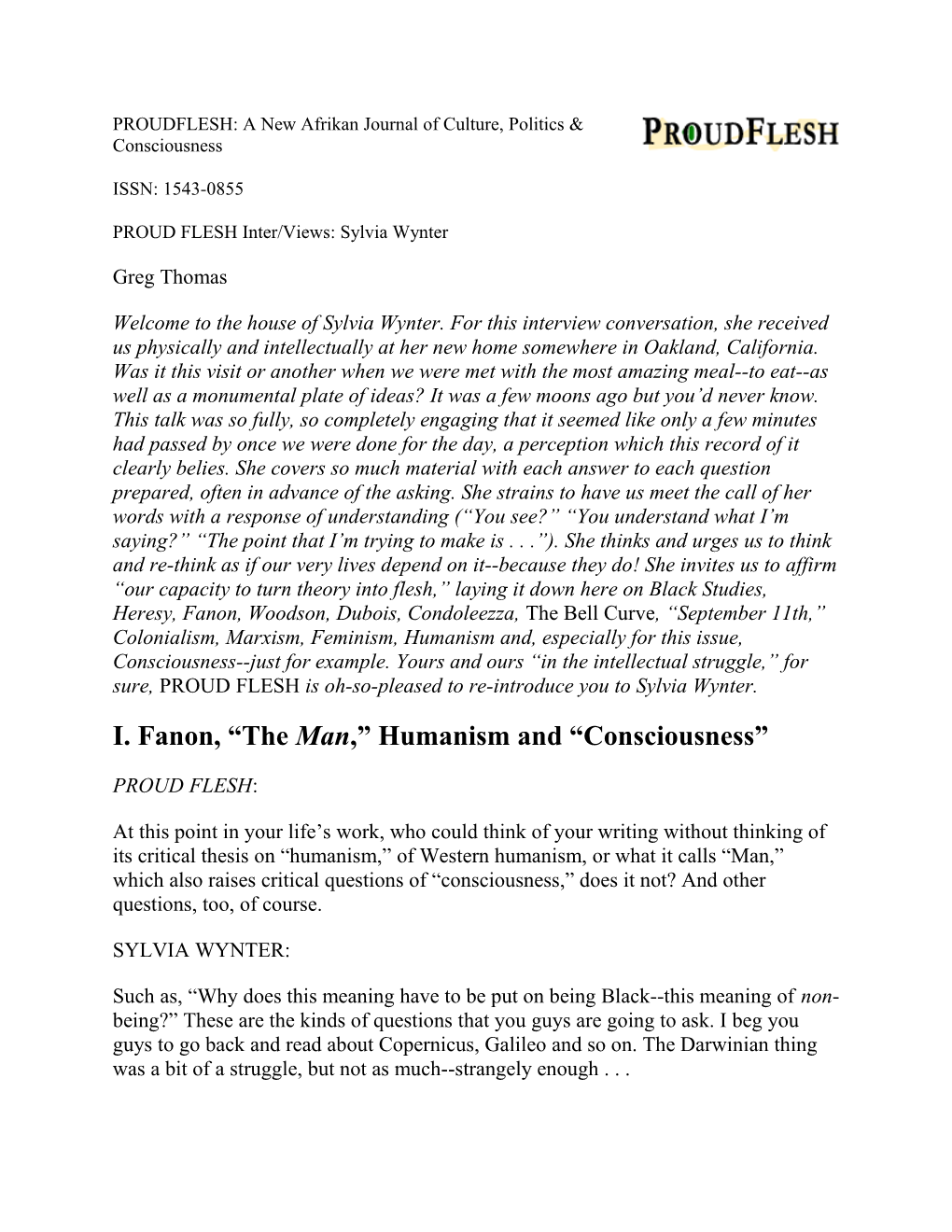 I. Fanon, Theman, Humanism and Consciousness