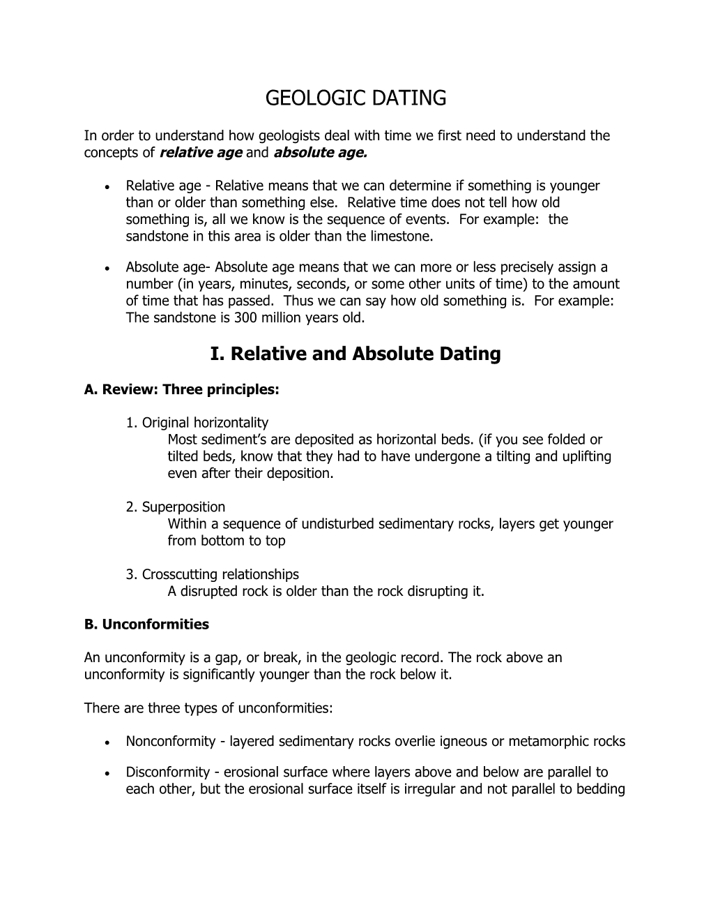 I. Relative and Absolute Dating