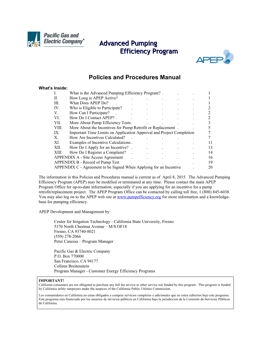 I. What Is the Advanced Pumping Efficiency Program? 1