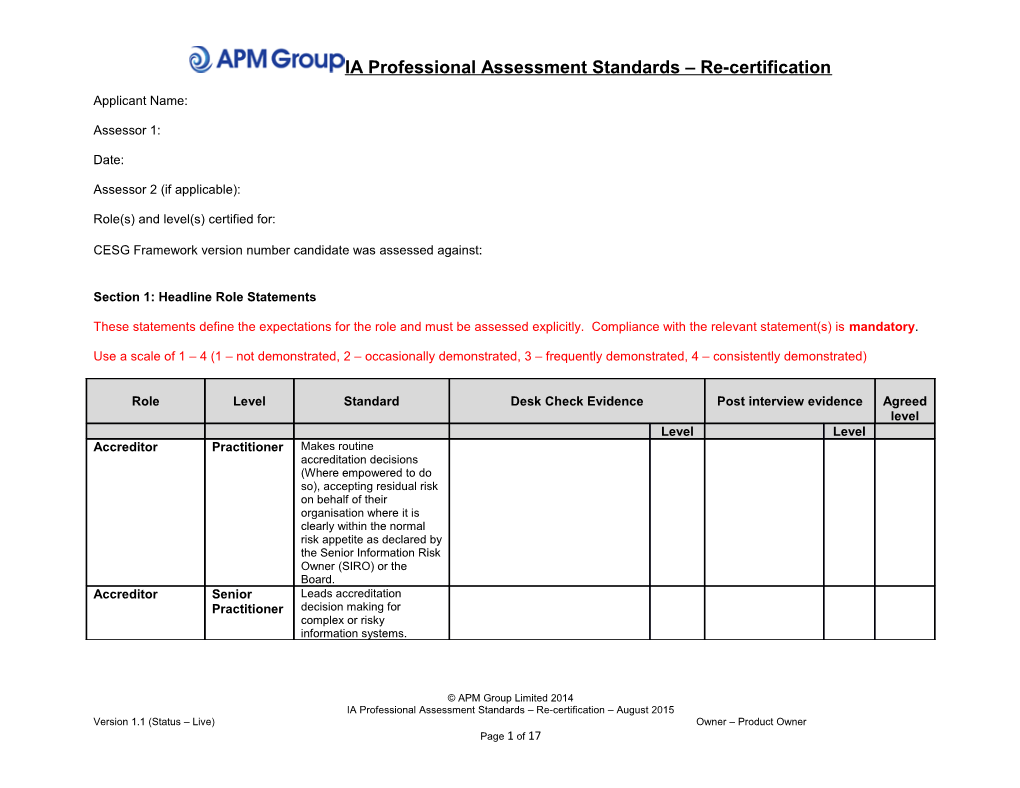 IA Professional Assessment Standards Re-Certification