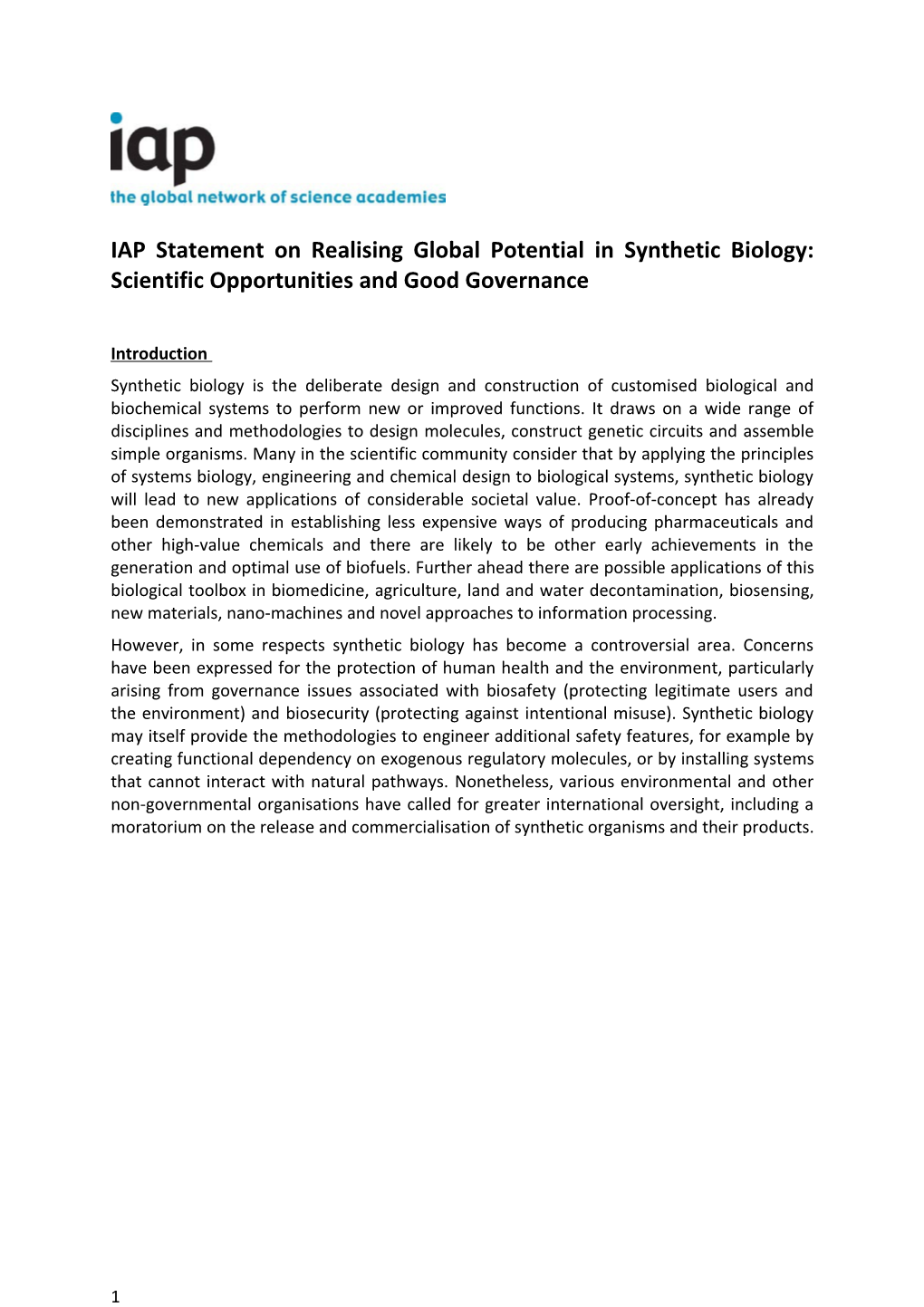 IAP Statement on Realising Global Potential in Synthetic Biology: Scientific Opportunities