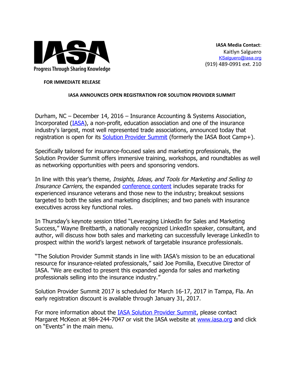 Iasa Announces Open Registration for Solution Provider Summit