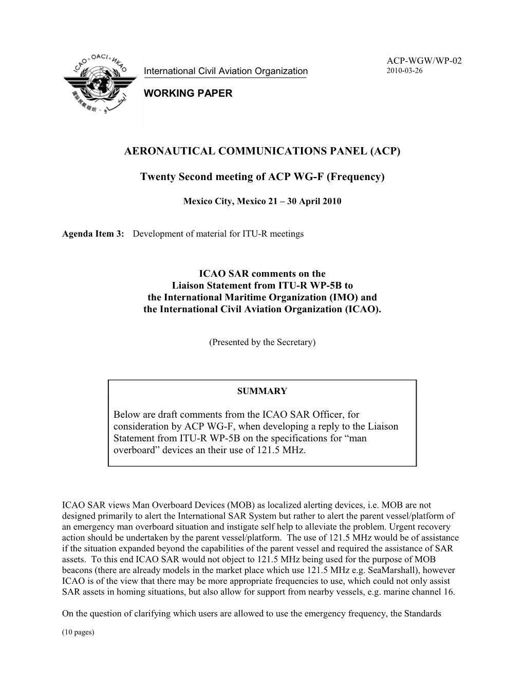 ICAO SAR Comments on the Liaison Statement from ITU-R WP-5B to the International Maritime