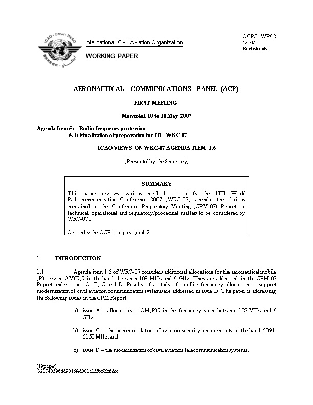 ICAO Views on WRC-07 Agenda Item 1.6
