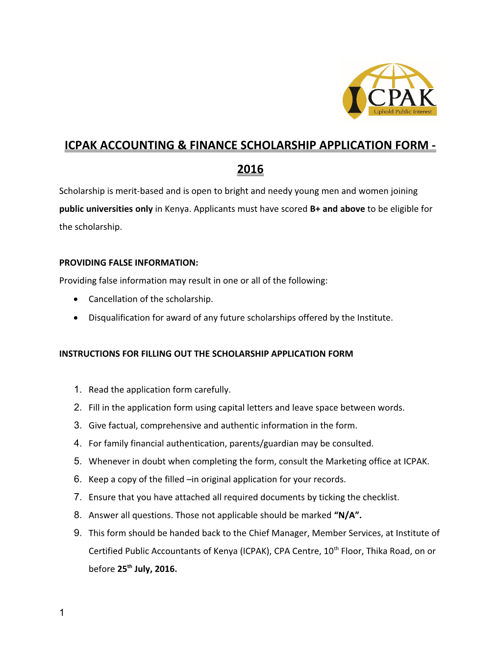 Icpak Accounting & Finance Scholarship Application Form - 2016