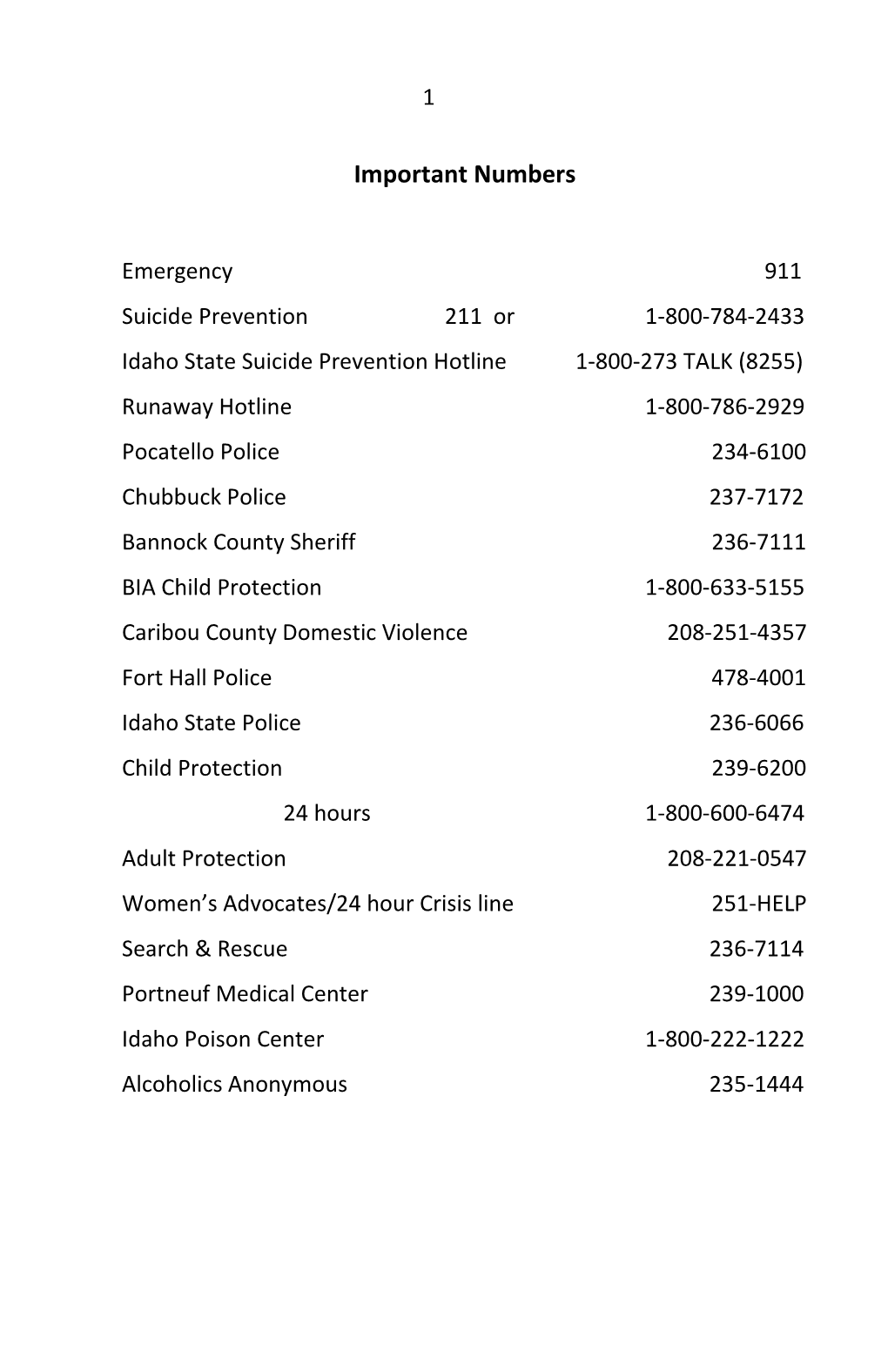 Idaho State Suicide Prevention Hotline 1-800-273 TALK (8255)