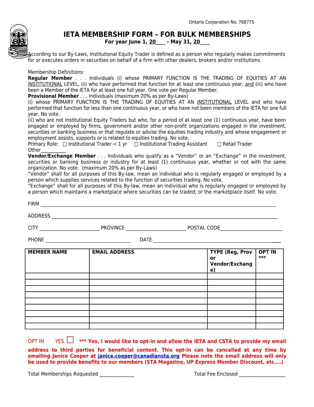 Ieta Membership Form for Bulk Memberships