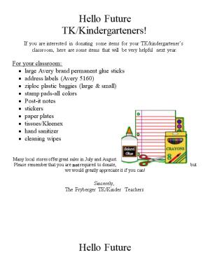 If You Are Interested in Donating Some Items for Your TK/Kindergartener S Classroom, Here