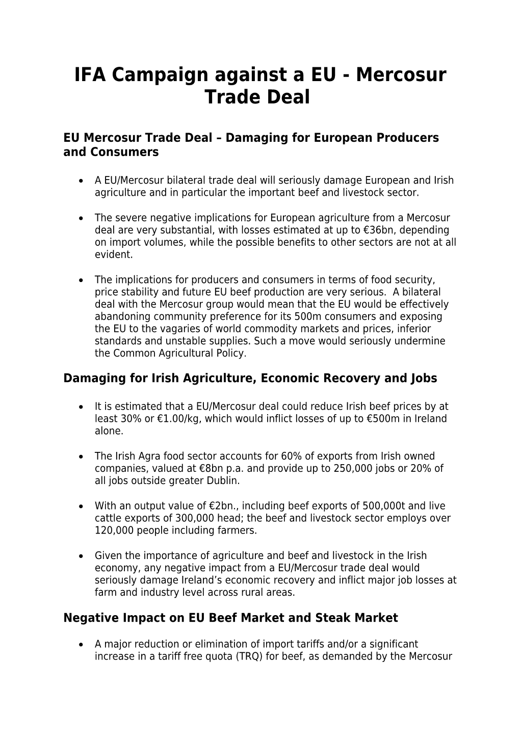 IFA Campaign Against a EU - Mercosur Trade Deal
