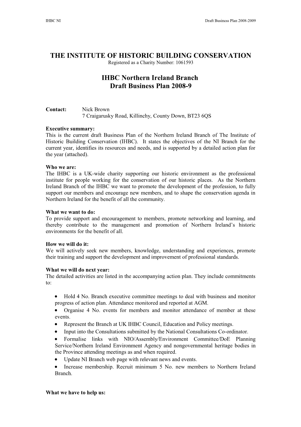 IHBC Business Plan Background