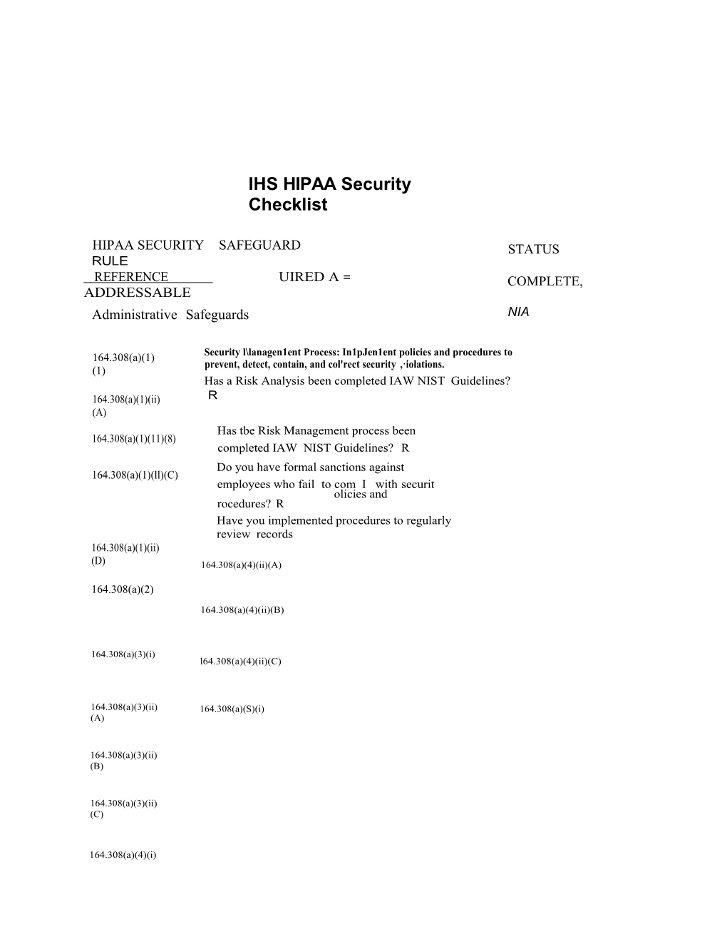 IHS HIPAA Security Checklist
