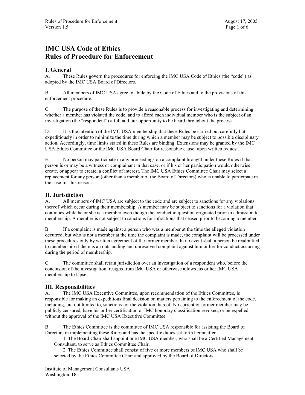 IMC USA Rules of Procedure for Ethics Code Enforcement