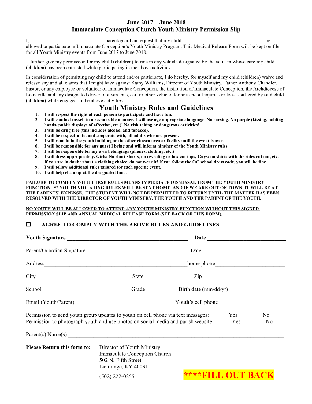 Immaculate Conception Church Youth Ministry Permission Slip