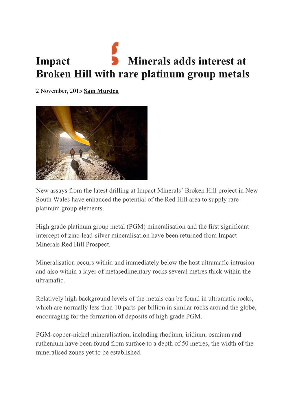 Impact Minerals Adds Interest at Broken Hill with Rare Platinum Group Metals