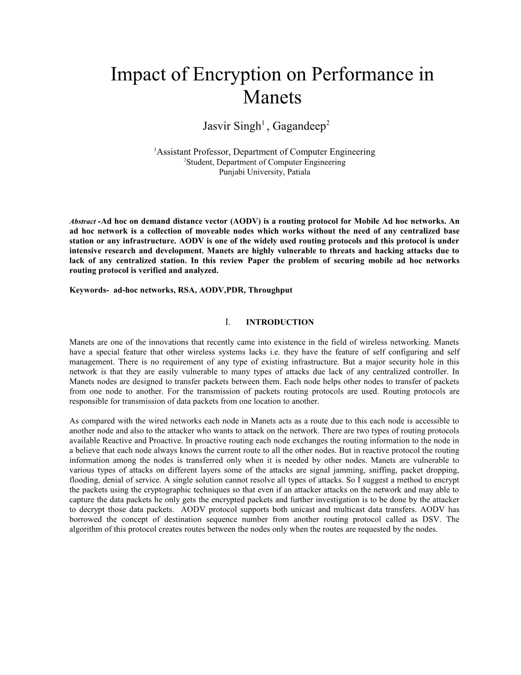 Impact of Encryption on Performance in Manets