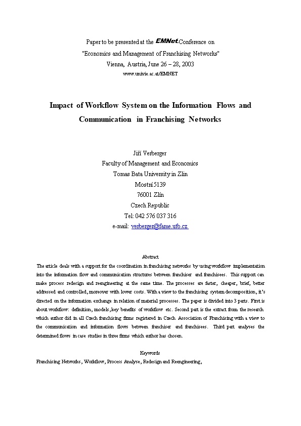 Impact of Workflow System on the Information Flows and Communication in Franchising Networks