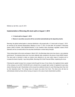 Implementation of Brenntag AG Stock Split on August 1, 2014