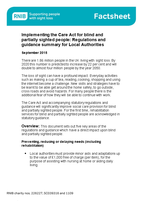 Implementing the Care Act for Blind and Partially Sighted People: Regulations and Guidance