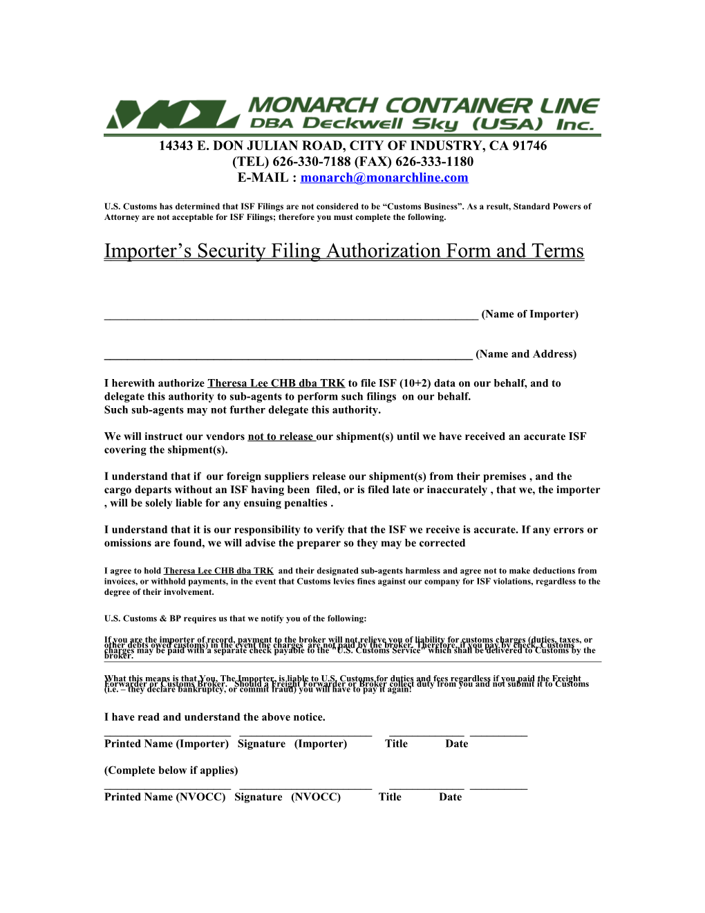 Importer S Security Filing Authorization Form and Terms