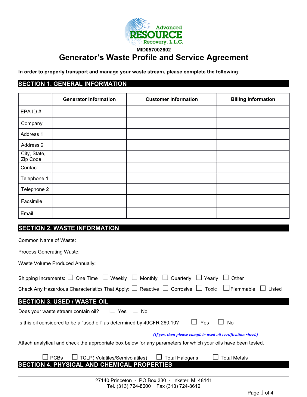 In Order to Properly Transport and Manage Your Waste Stream, Please Complete This Form