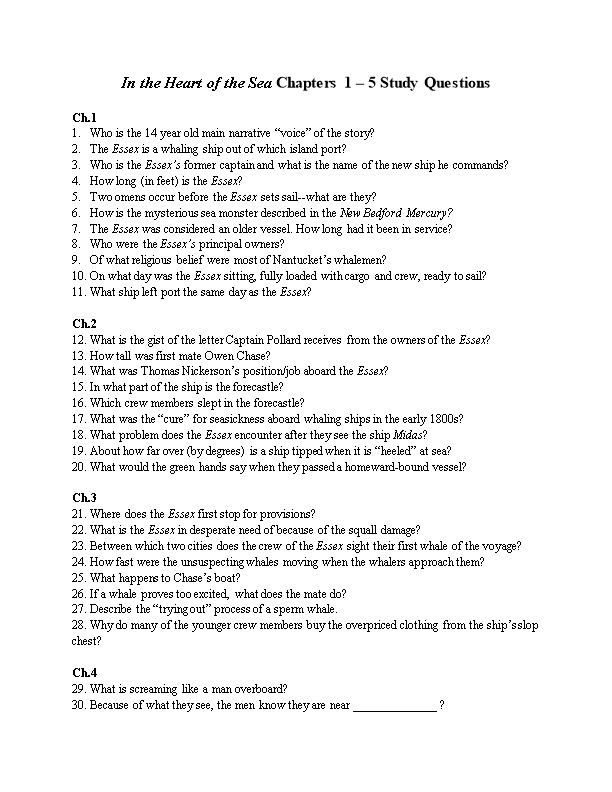 In the Heart of the Sea Chapters 1 5 Study Questions