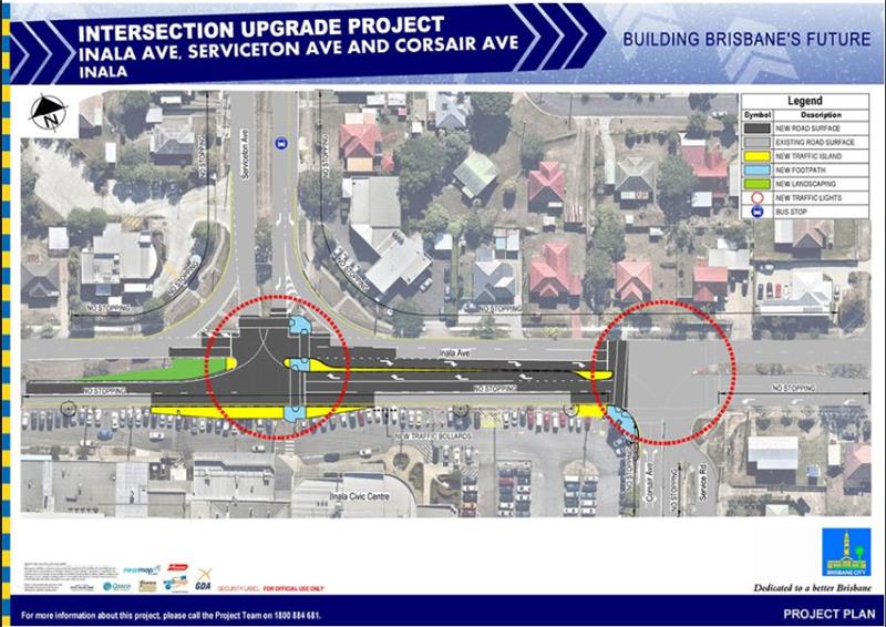 The map is north facing showing the intersections of Inala Avenue and Serviceton Avenue and Inala Avenue and Corsair Avenue The project will involve upgrading both intersections to improve safety and traffic flow Inala Plaza McDonalds side is in the bottom left corner with Inala Avenue lying East to West and Serviceton Avenue and Corsair Avenue lying North to South The intersection of Inala Avenue with Serviceton Avenue is circled in red dots highlighting that new traffic lights will be installed On Inala Avenue new traffic islands and a centre median is depicted in yellow at the intersection with Serviceton Avenue A new footpath and signalised pedestrian crossing on Inala Avenue is shown in light blue Meanwhile the intersection of Inala Avenue and Corsair Avenue is circled in red dots highlighting that new traffic lights will be installed A new footpath and traffic islands in Inala Avenue where Corsair Avenue are also shown in light blue New road surface is shown in black along Inala Avenue from Serviceton Avenue to Corsair Avenue New traffic islands in the median of Inala Avenue and on the southern side of the road where the loading zone used to be are shown in yellow Meanwhile new landscaping on a traffic island on Inala Avenue west of Serviceton Avenue is shown in green The map shows the right turning lane from Inala Avenue into Serviceton Avenue has been extended up to Corsair Avenue The right turning lane from Inala Avenue into Corsair Avenue has also been extended up to Serviceton Avenue The legend on the map shows new road surface in black existing road surface in grey new traffic island in yellow new footpath in light blue new landscaping in green new traffic lights in a dotted red circle bus stop with blue bus icon