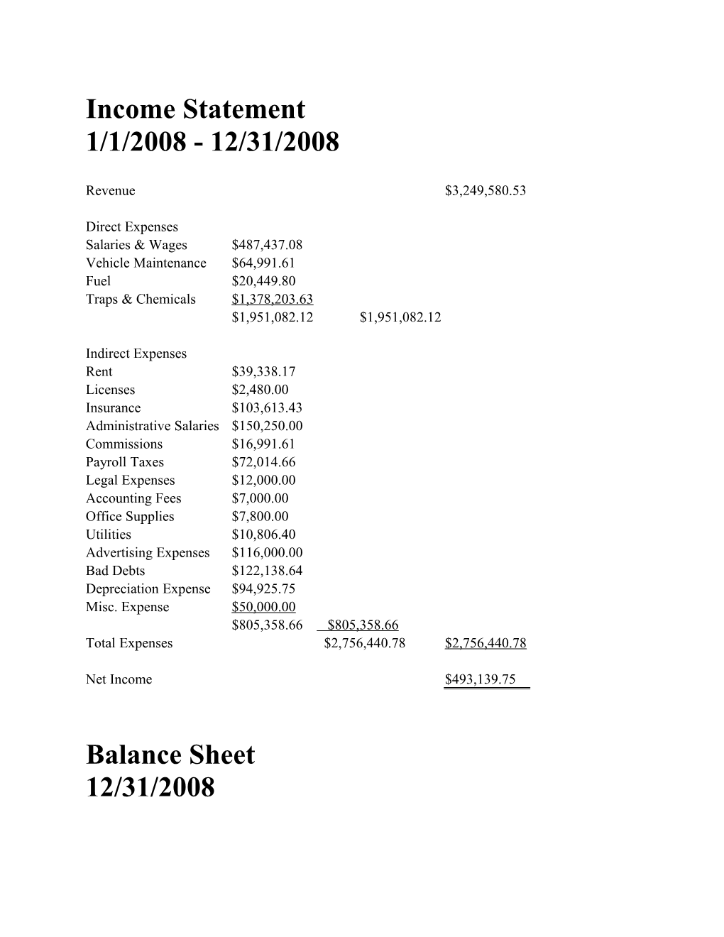 Income Statement 1/1/2008 - 12/31/2008