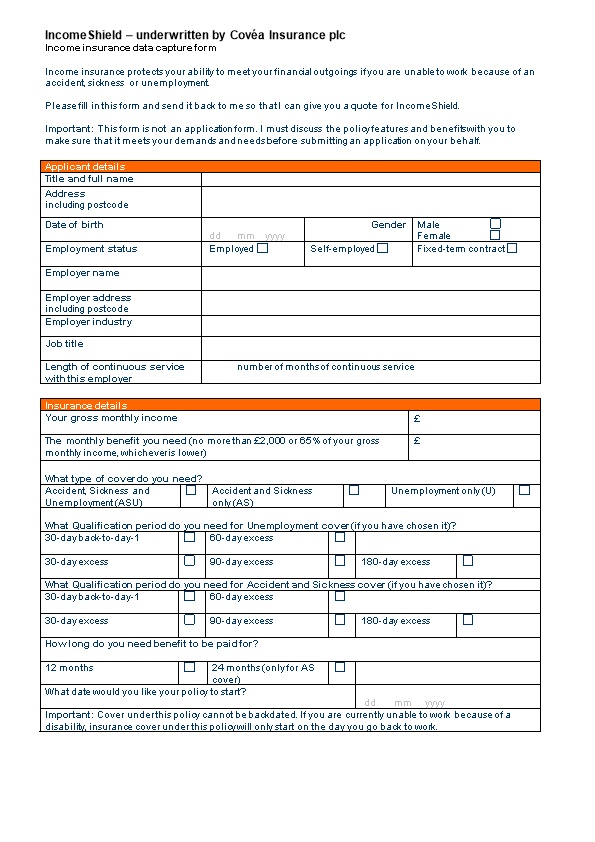 Incomeshield Underwritten by Covéa Insurance Plc Income Insurance Data Capture Form