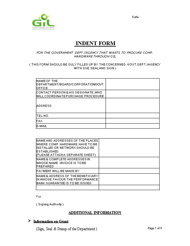 Indent Form for the Government Dept