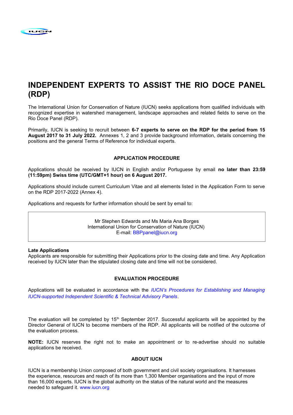 Independent Experts to Assist the Rio Doce Panel (Rdp)