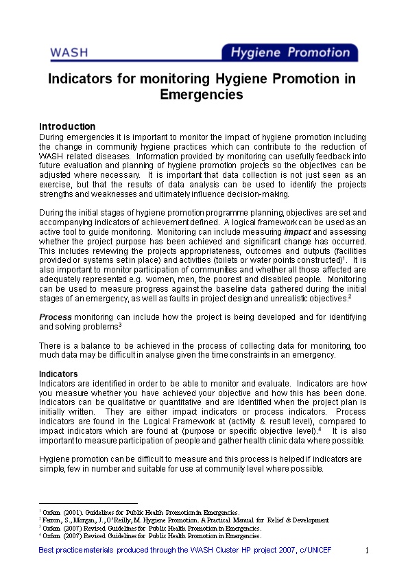Indicators for Monitoring Hygiene Promotion in Emergencies