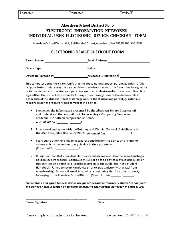 Individual User Electronic Device Checkout Form