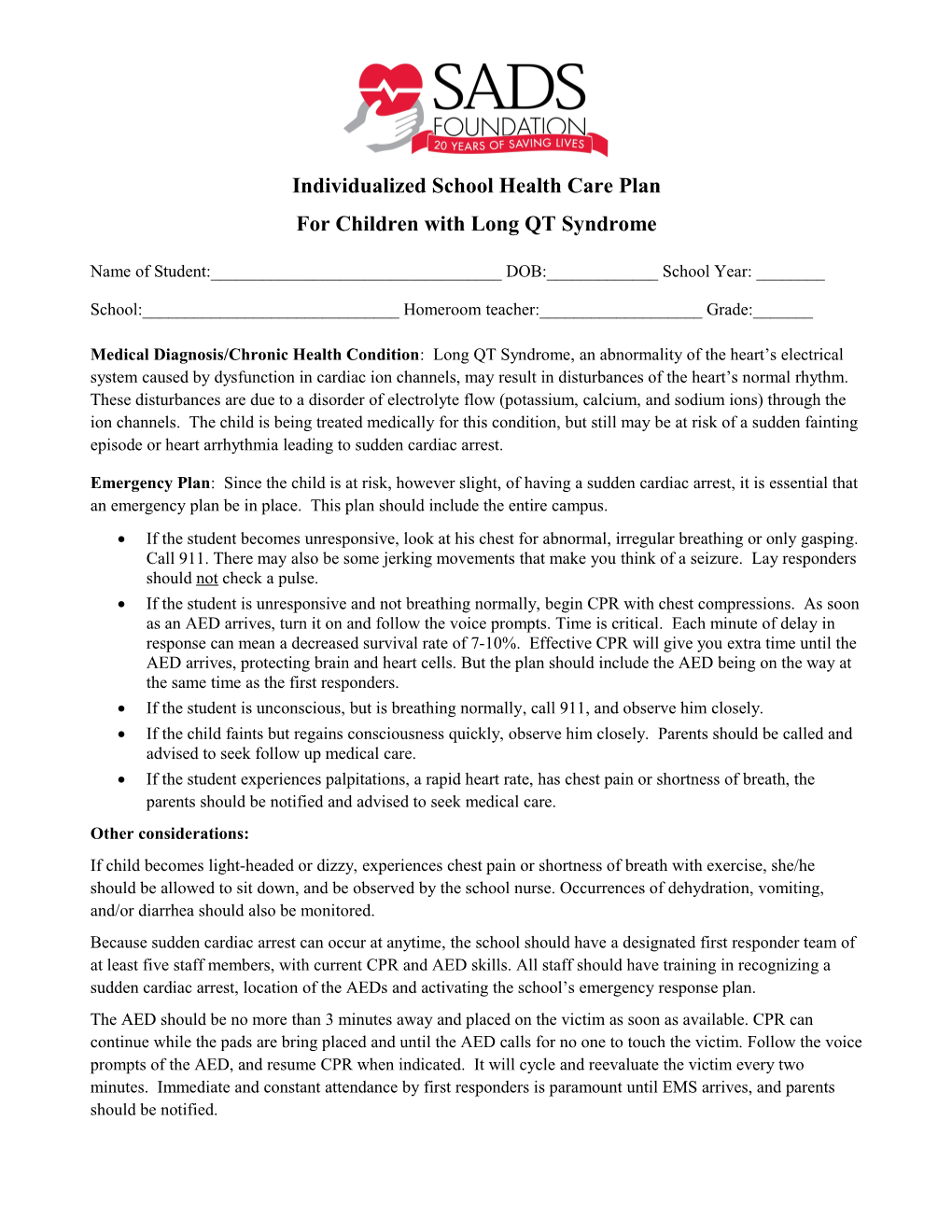 Individualized School Health Care Plan