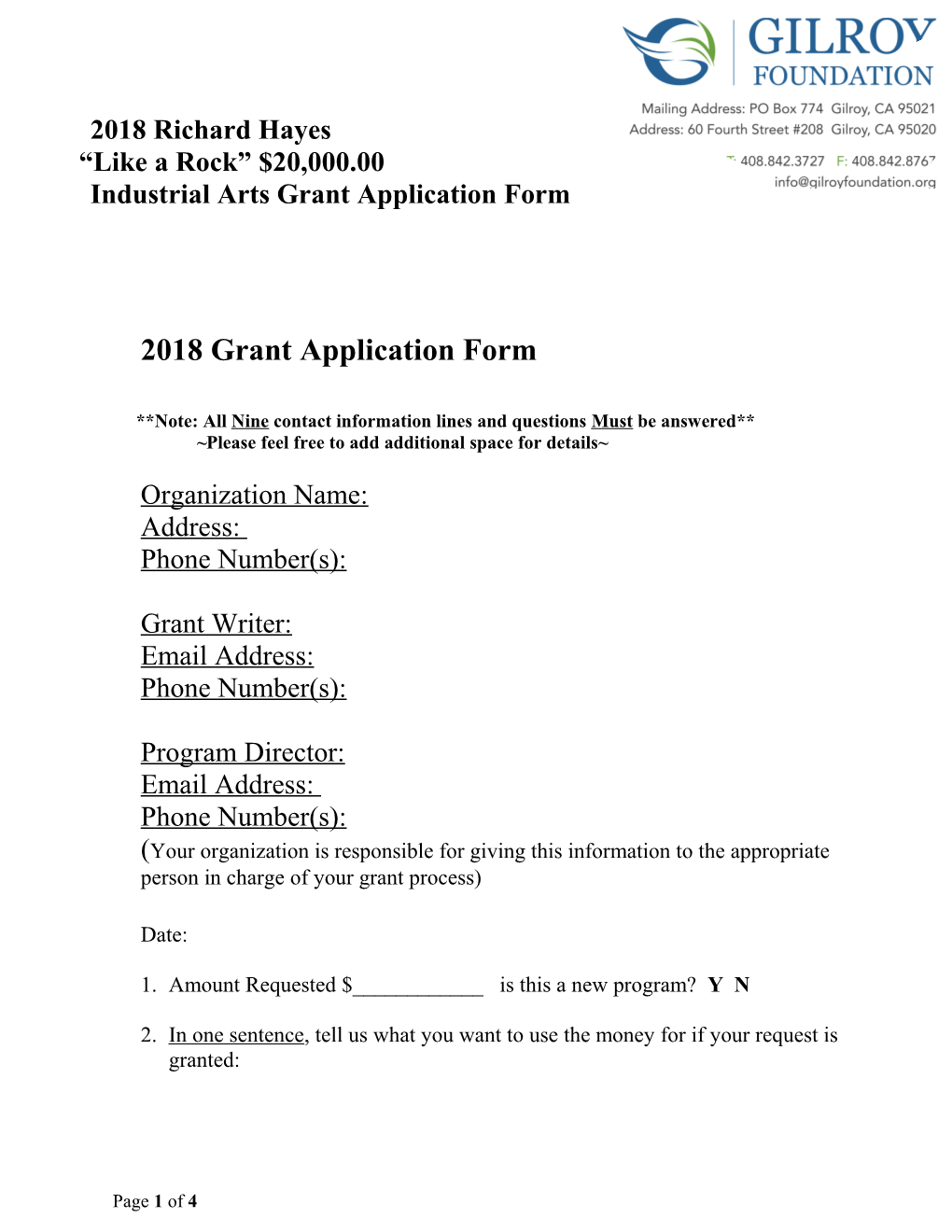 Industrial Arts Grant Application Form