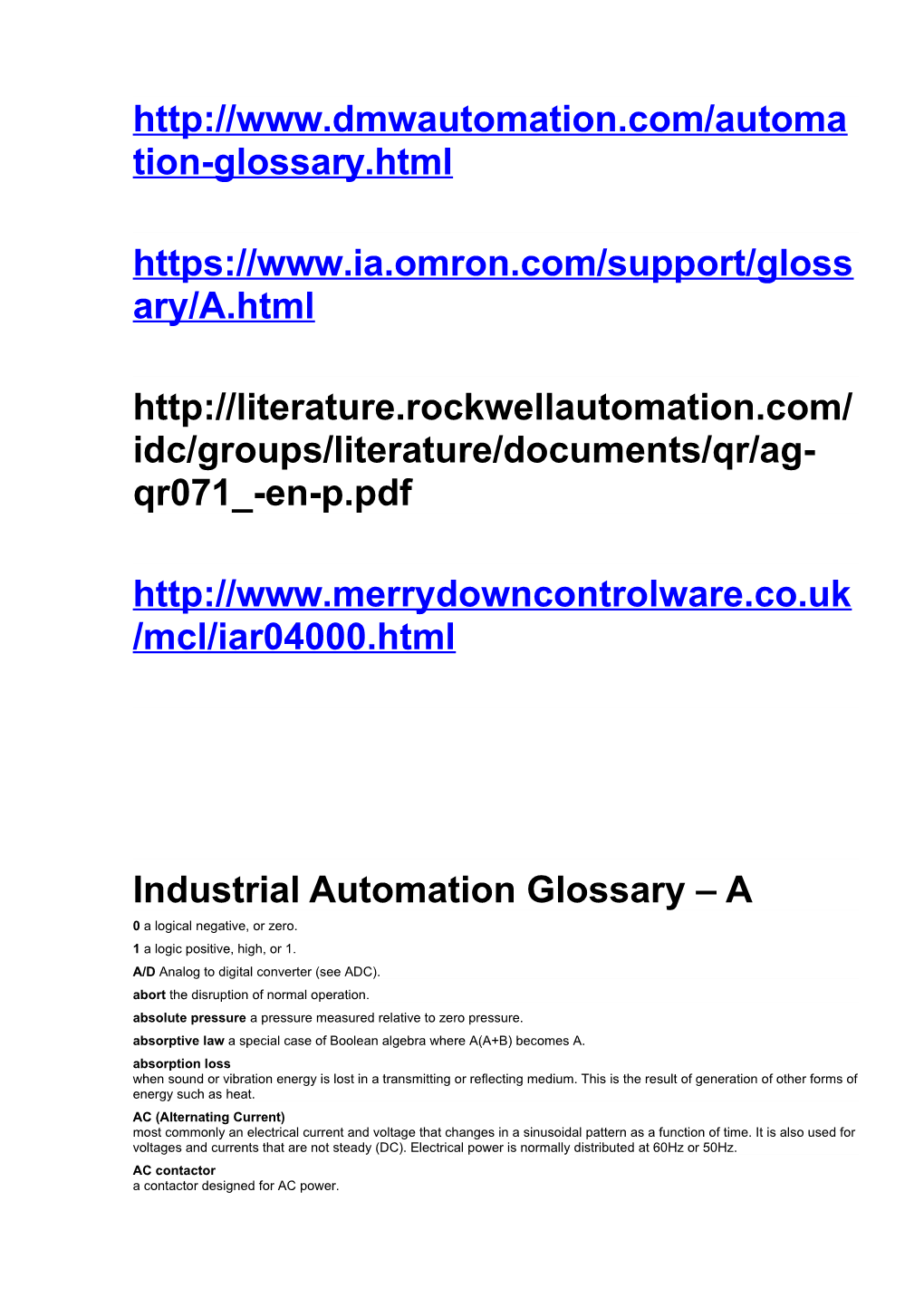 Industrial Automation Glossary A