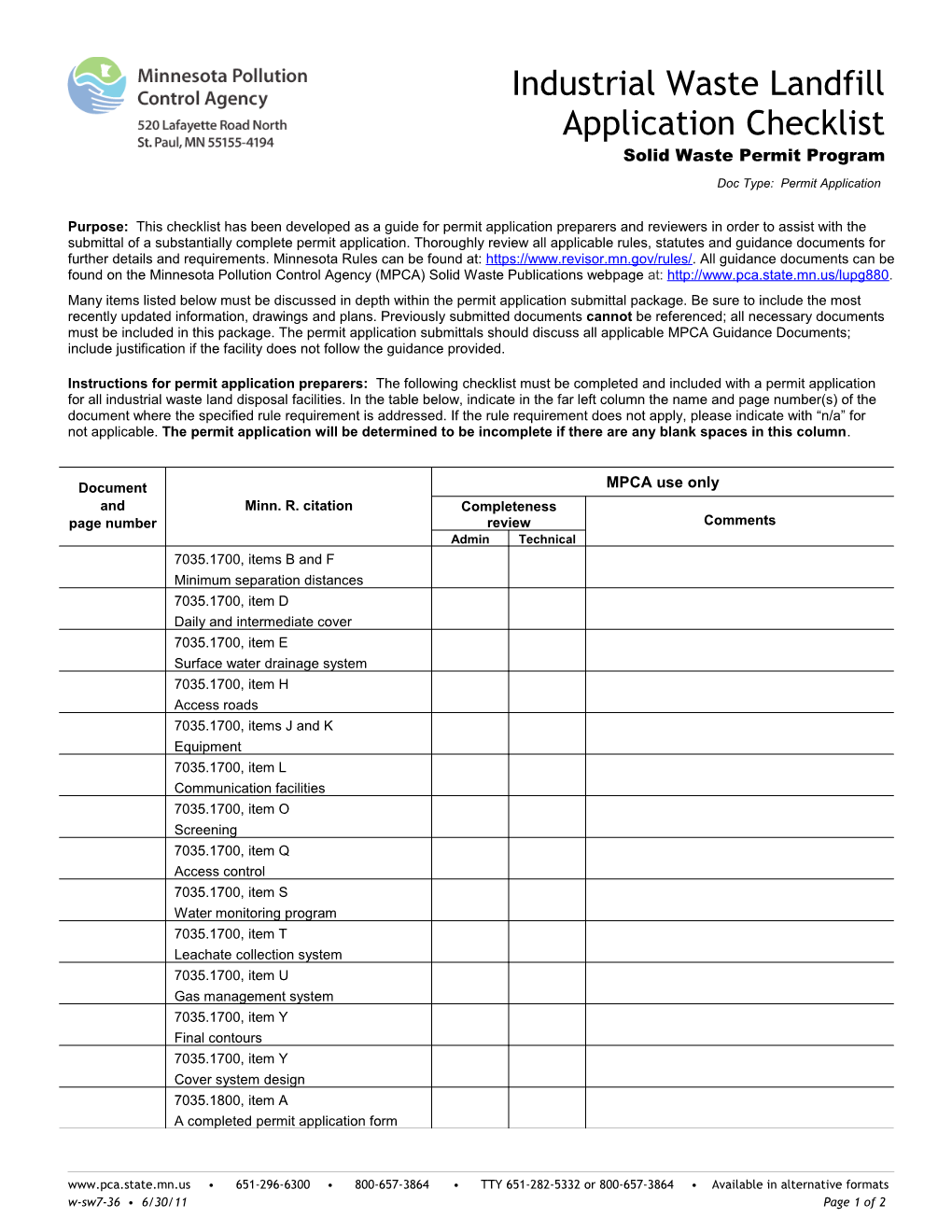 Industrial Waste Landfill Application Checklist - Form