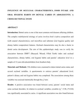 Influence of Occlusal Characteristics, Food Intake and Oral Hygiene Habits on Dental Caries