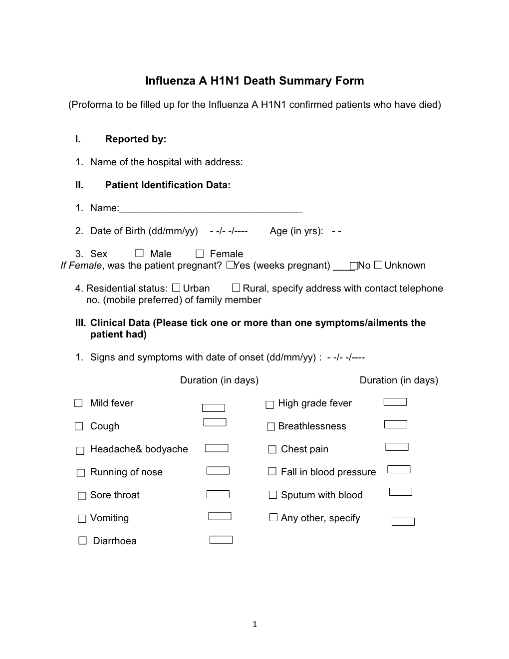 Influenza a H1N1 Death Summary Form