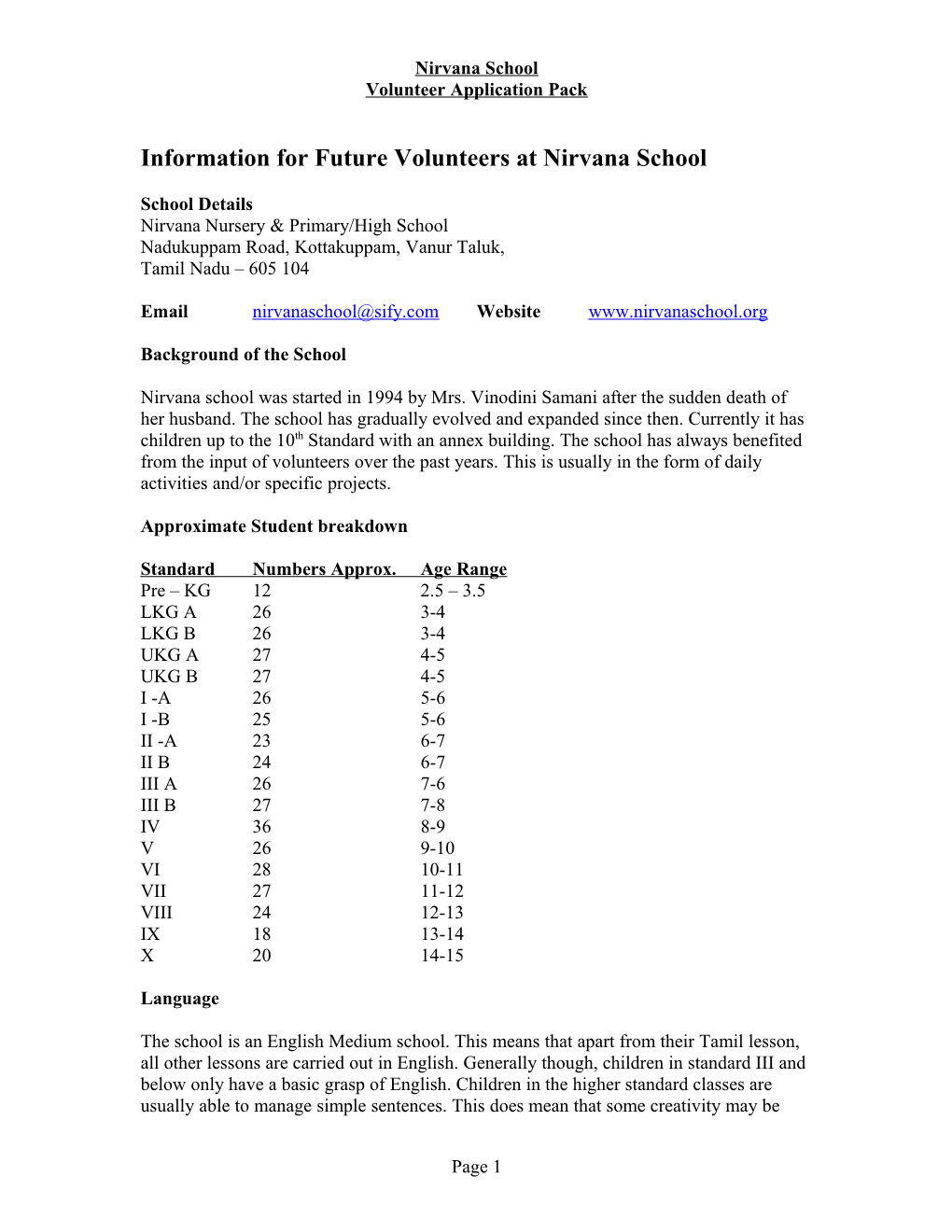 Information for Future Volunteers at Nirvana School
