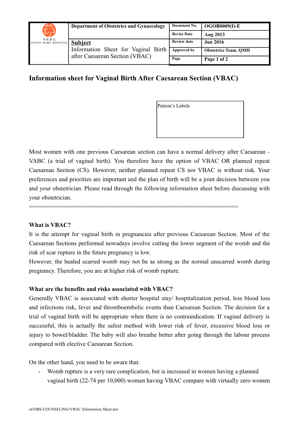 Information Sheet for VBAC