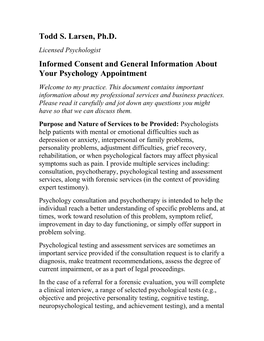 Informed Consent and General Information About Your Psychology Appointment