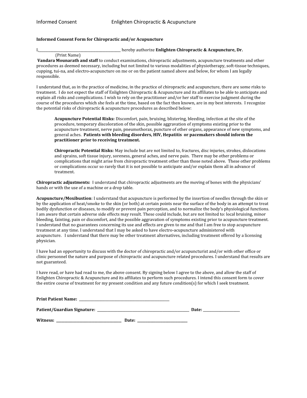 Informed Consent Form for Chiropractic And/Or Acupuncture