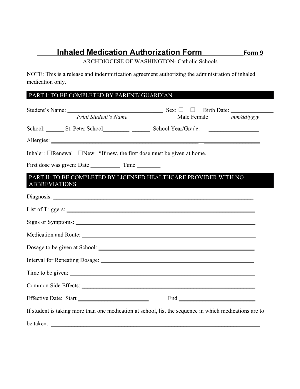 Inhaled Medication Authorization Form Form 9