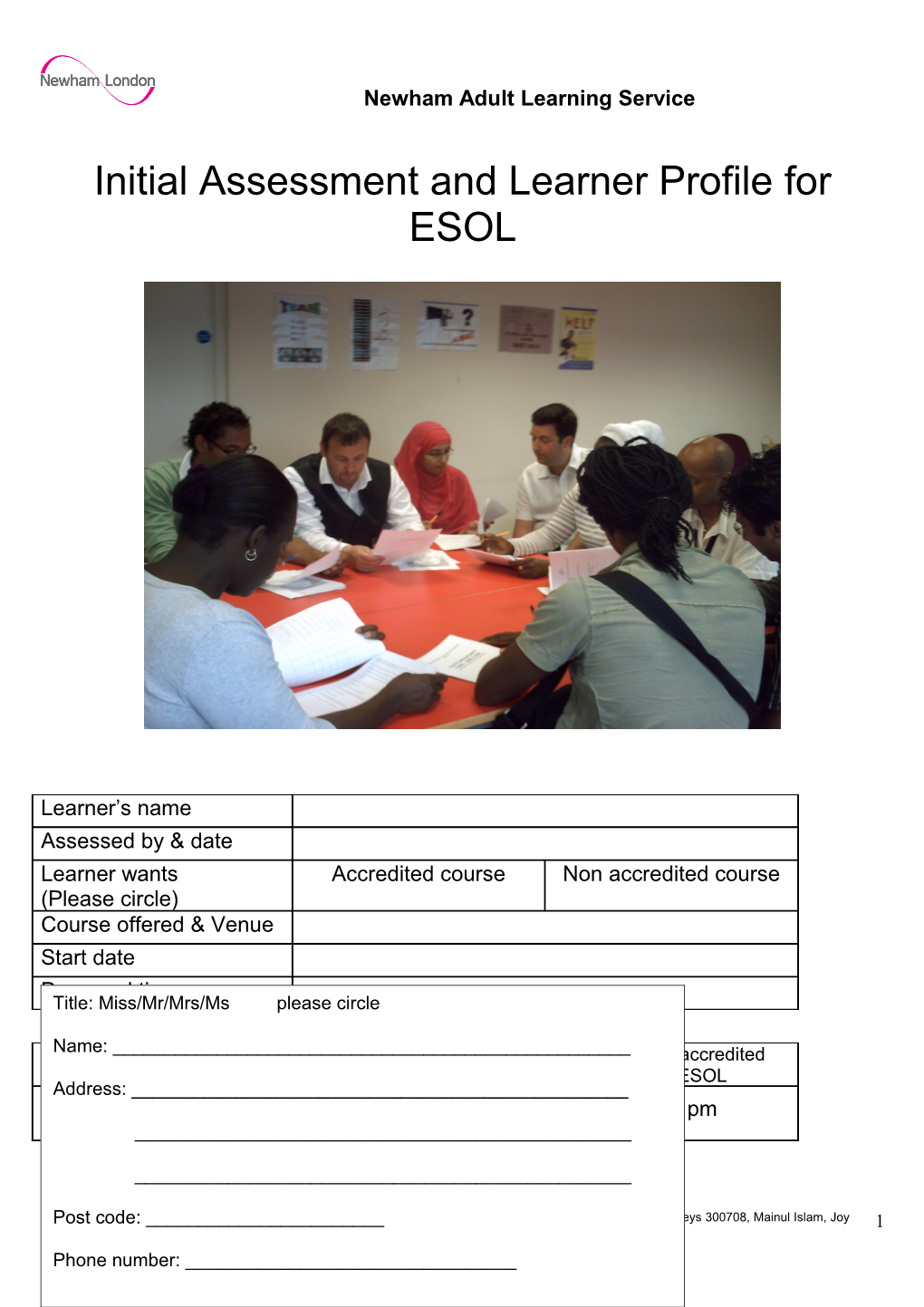 Initial Assessment and Learner Profile for ESOL