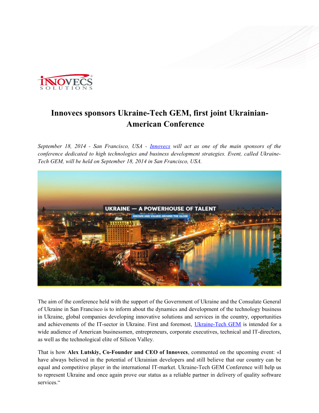 Innovecs Sponsors Ukraine-Tech GEM, First Joint Ukrainian-American Conference