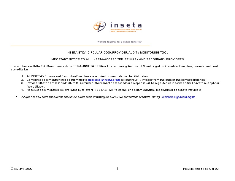 Inseta Etqa Circular 2009: Provider Audit / Monitoring Tool