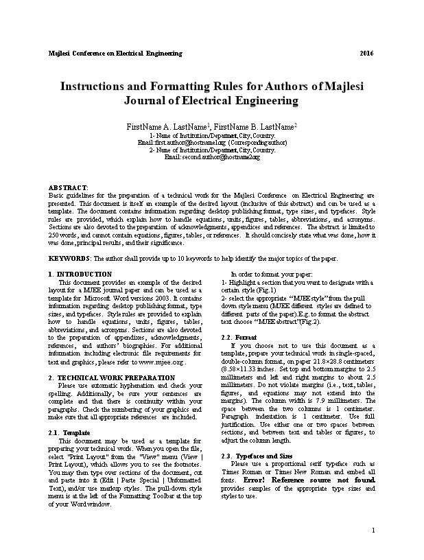 Instructions and Formatting Rules for Authors of Majlesi Journal of Electrical Engineering
