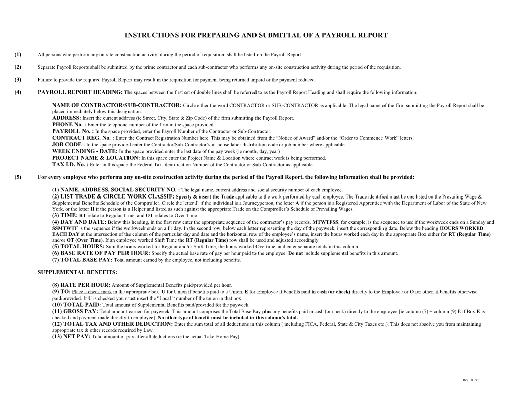 Instructions for Preparing & Submittal of a Payroll Report (Page 2 of 2)